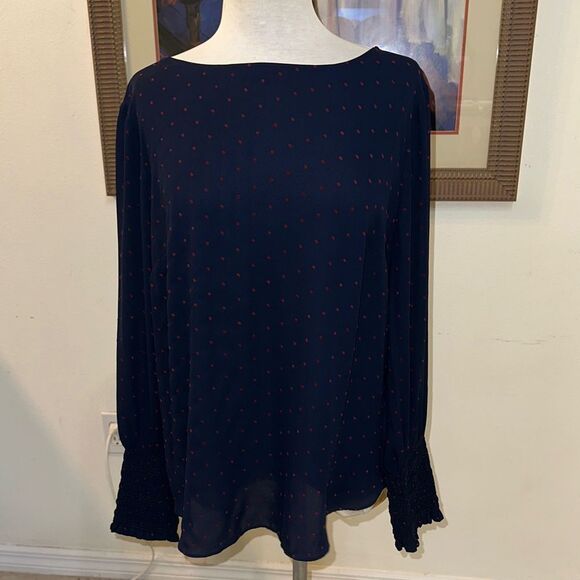 Ann Taylor Navy Blue Polka Dot Pattern Top Size Large - Picture 5 of 11